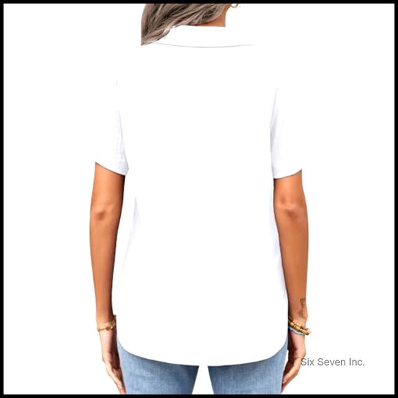 Polyester Spandex Button Down Shirt Short Sleeve V-Neck Tunic Top - Picture 2 of 7